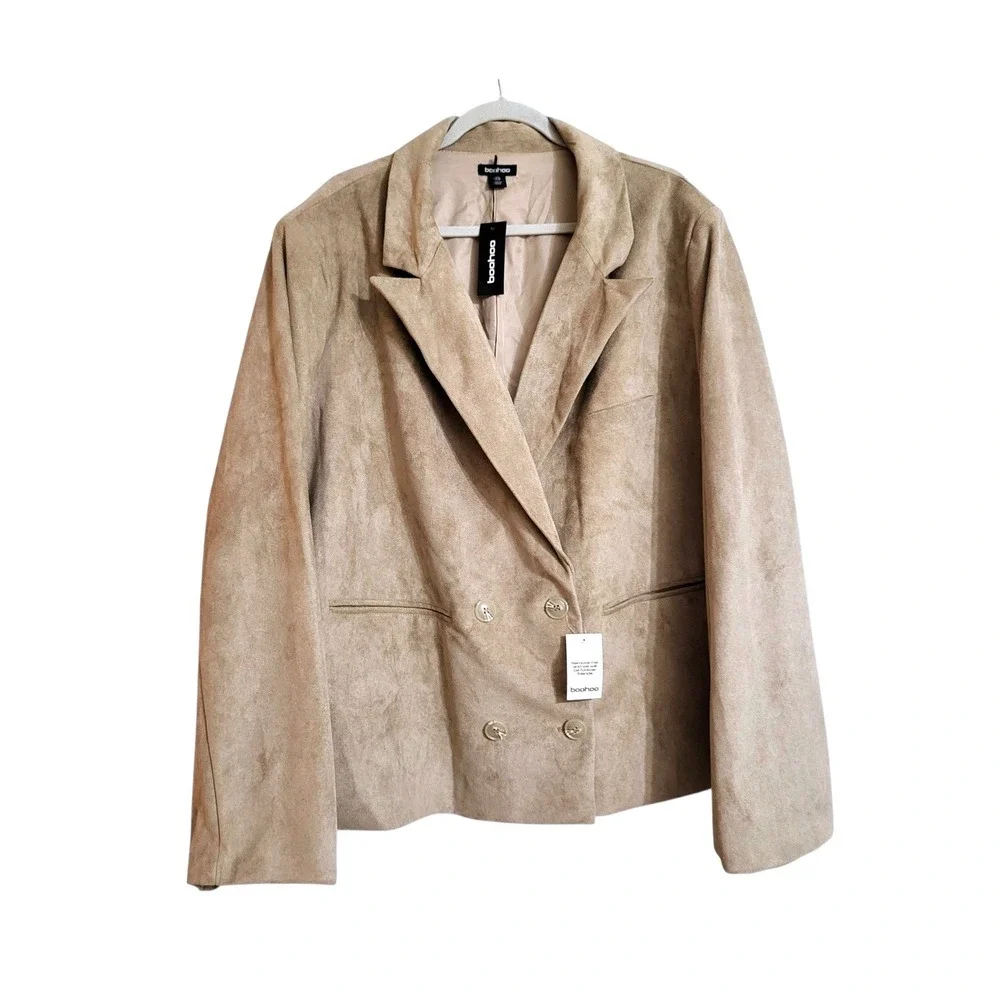 Womens Plus 24 NEW Faux Suede Double Breasted Blazer Stone Tan Relaxed Boohoo